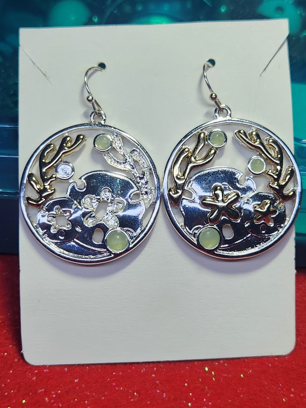 Silver-Tone Sea Life Drop Earrings with Pale Green Accents